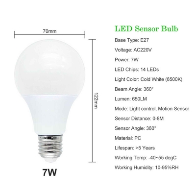 Bulbo de sensor inteligente E27 Sensor de luz diurno-nocturno Bulbo LED con detección de movimiento por radar PIR