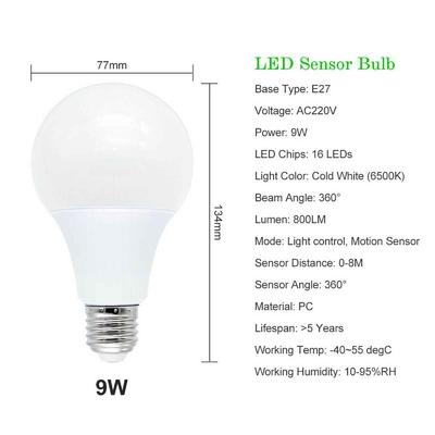 Bulbo de sensor inteligente E27 Sensor de luz diurno-nocturno Bulbo LED con detección de movimiento por radar PIR